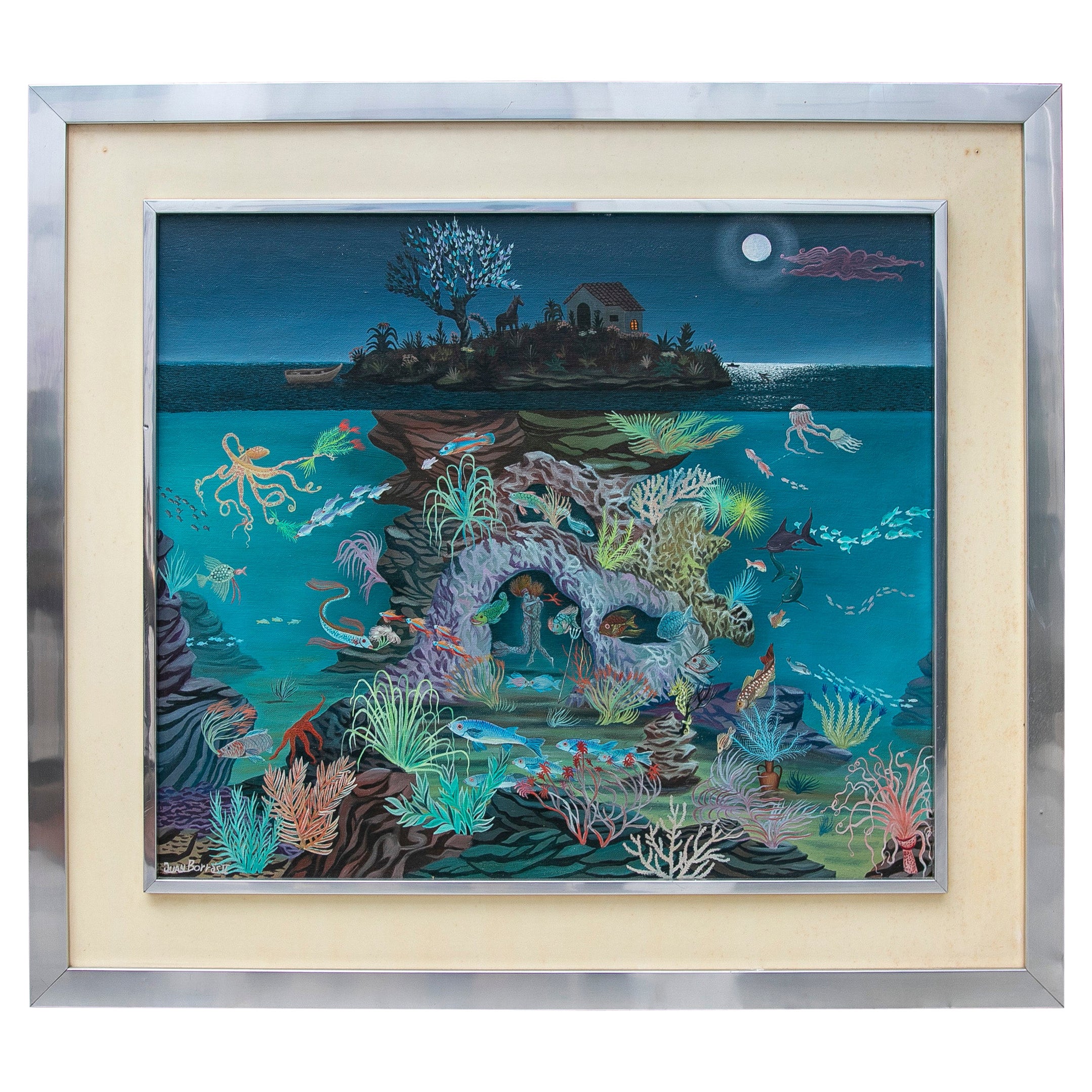 Pintura del fondo marino con casa pintada por el artista español Juan Borras Borras