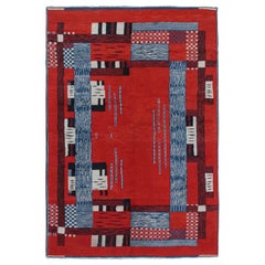 Vintage Zeki Müren Rug in Red, Blue and White Geometric Pattern by Rug & Kilim