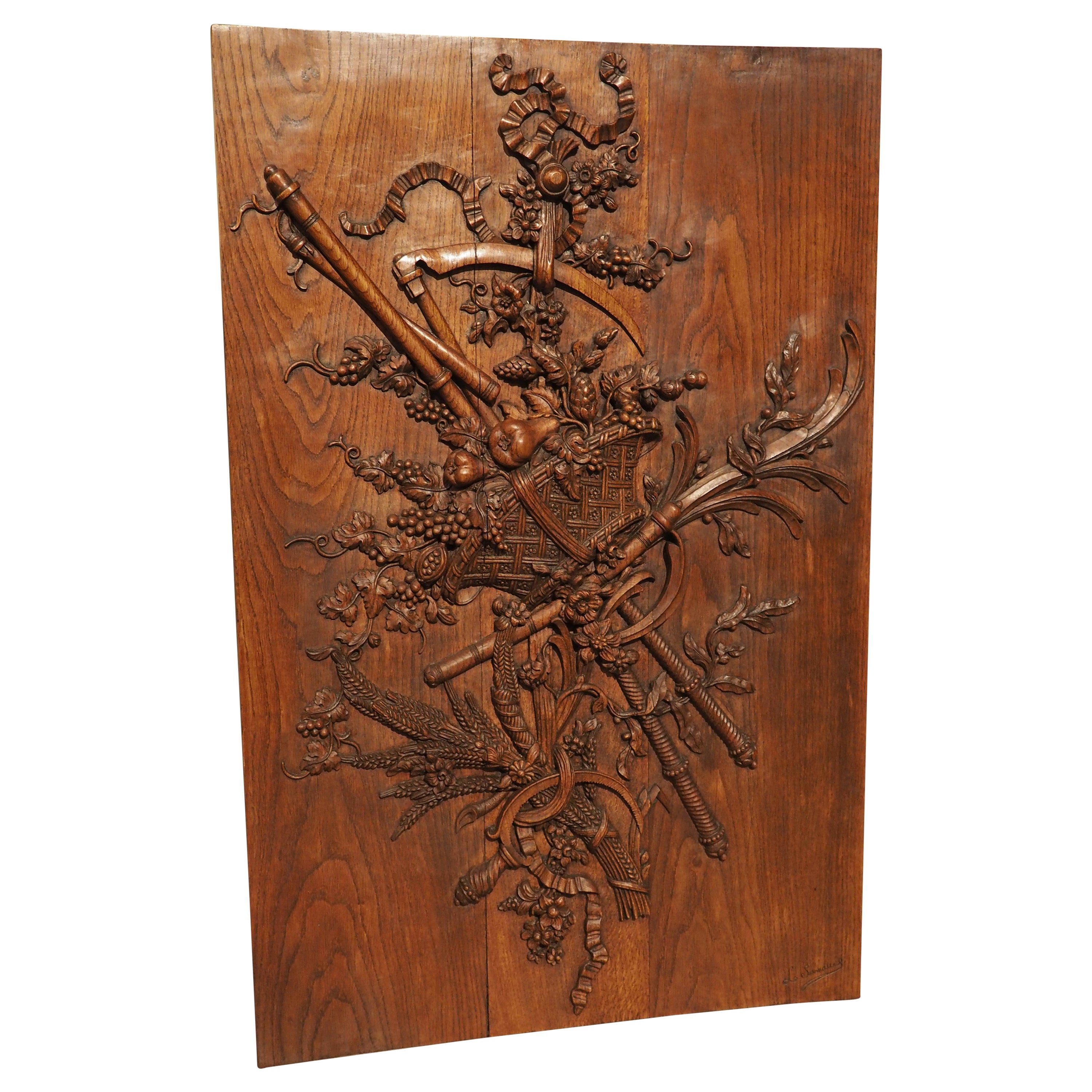 French Louis XVI Style Bas Relief Carved Oak Panel, Attributes of Agriculture