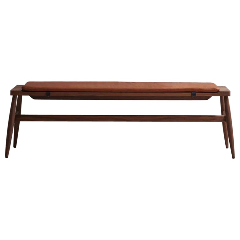 Imo bench in walnut and leather tan pad For Sale
