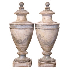 Pair of Early 20th Century Italian Hand Carved Oak and Painted Urns Finials