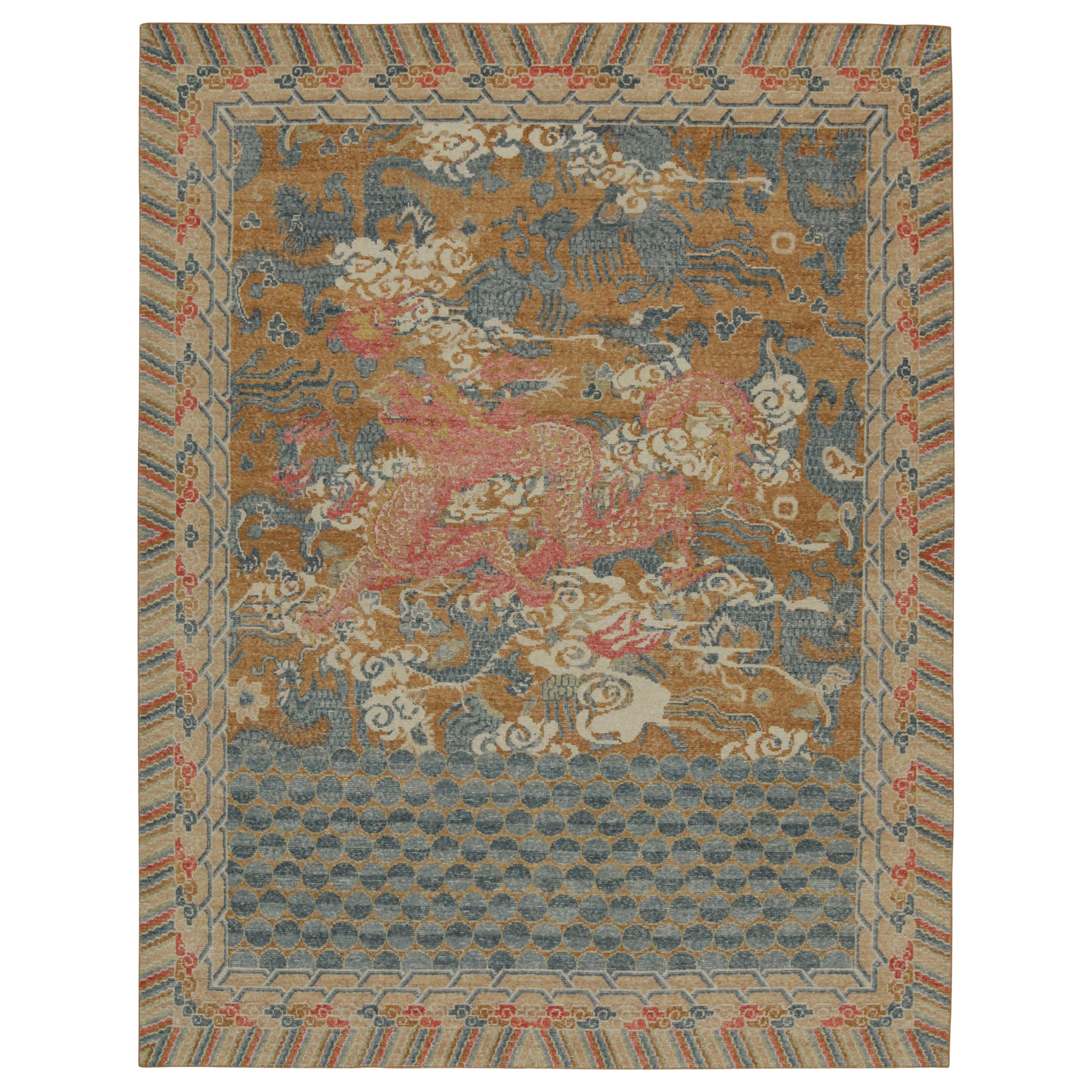 Rug & Kilim’s Distressed Style Dragon Rug in Ochre, Blue and Red Pictorial For Sale