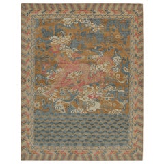 Rug & Kilim’s Distressed Style Dragon Rug in Ochre, Blue and Red Pictorial
