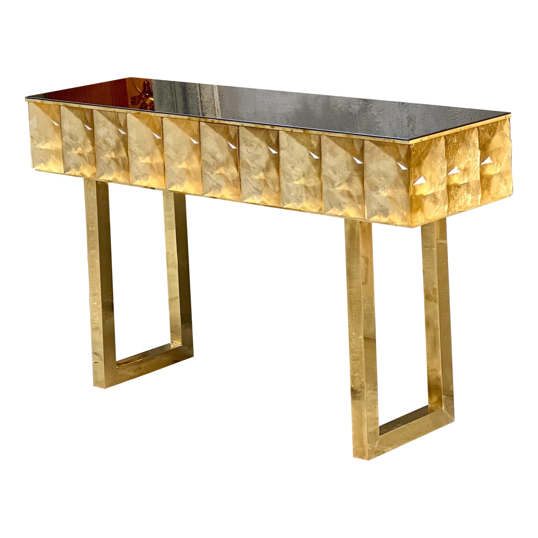 Modernity Diamond Shape Gold Murano Console Table Black Opaline Brass Glass Top en vente
