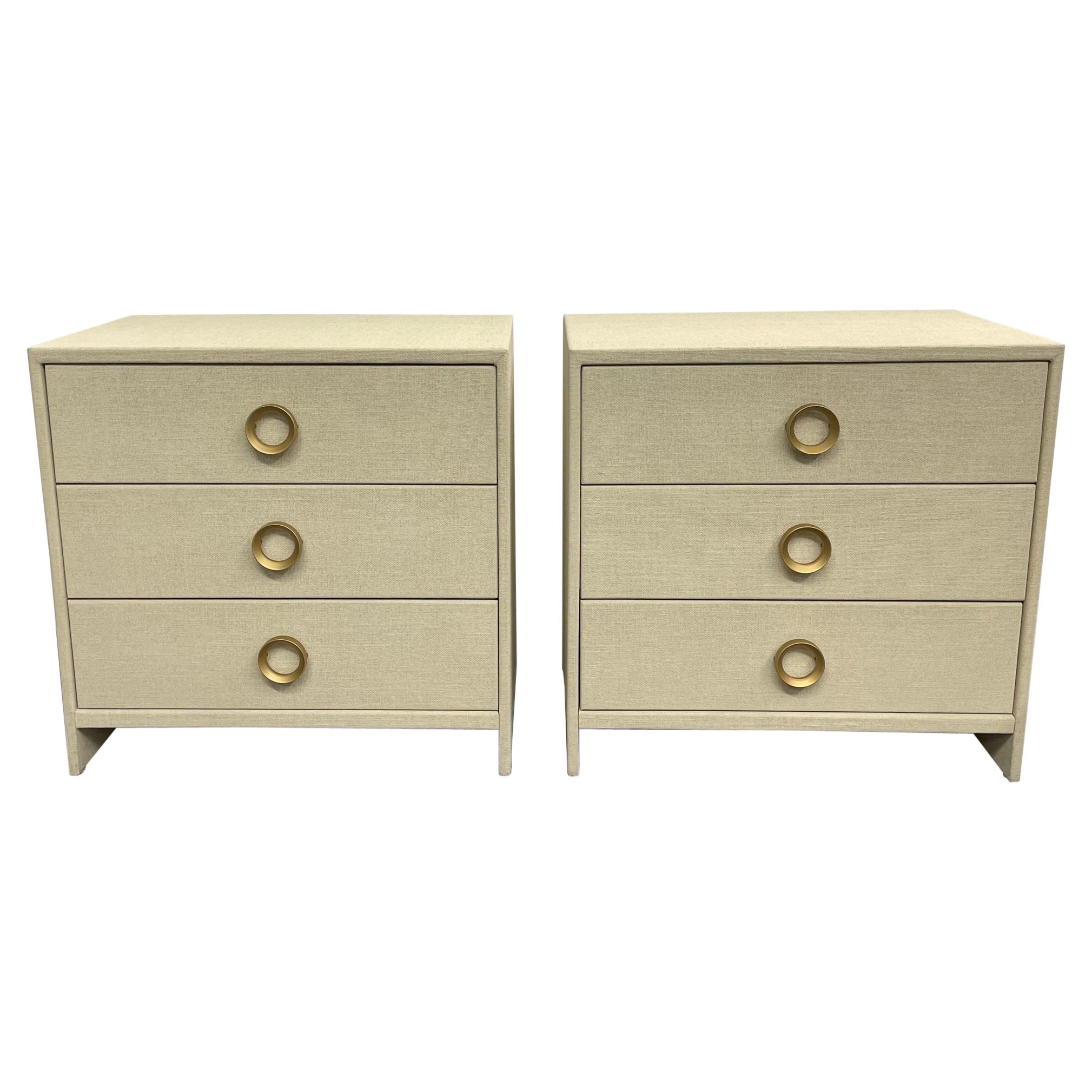 Pair Linen Wrapped Three Drawer Commodes / Chests, Nightstands, Modern, American