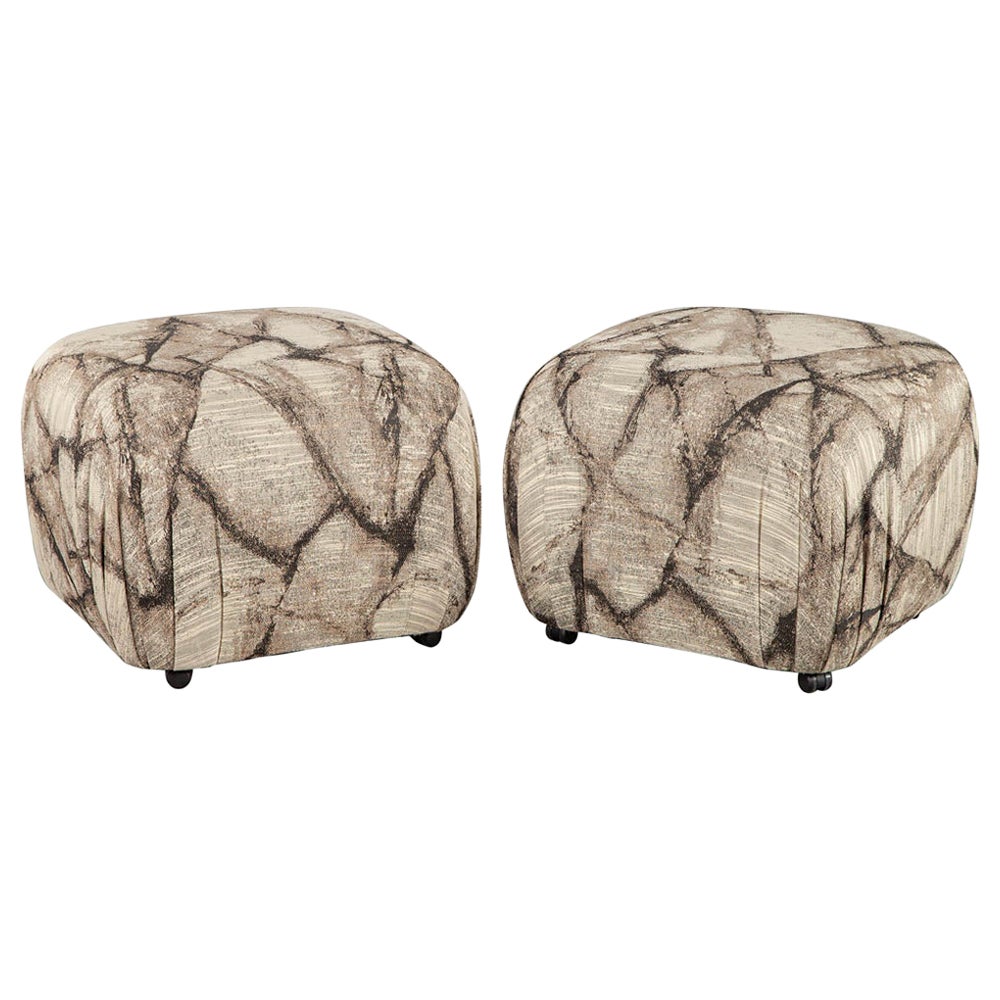 Pair of Modern Upholstered Ottoman Stools on Casters