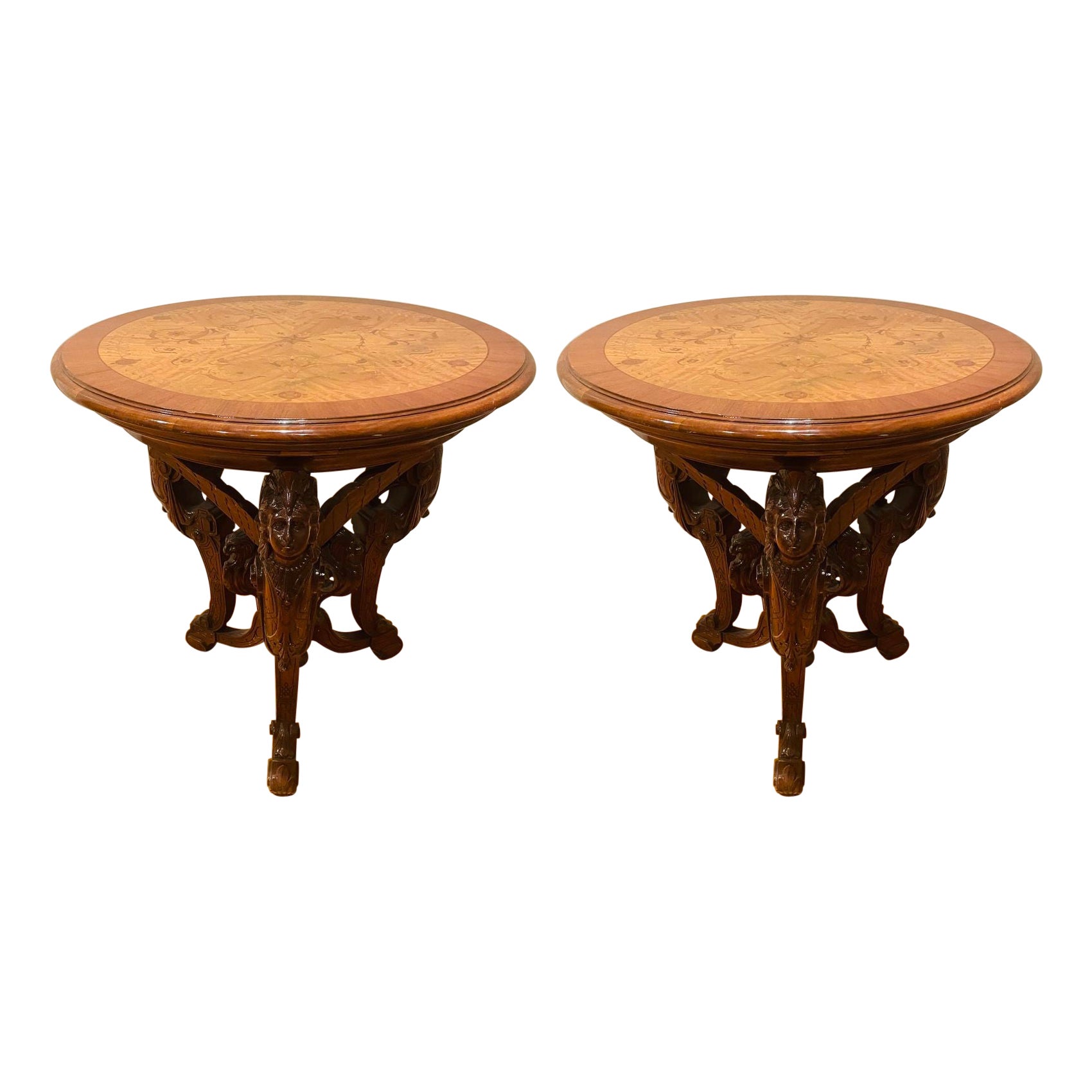 Pair R. J. Horner End Tables, Side or Pedestal Tables, Carved, Inlaid, Rare For Sale