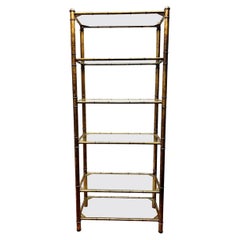 Mid-Century Modern Gold Metal Faux Bamboo and Glass Shelf Etegere