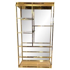 Mid-Century Modern Large Brass and Glass Lighted Etagere Display Shelves Cabinet