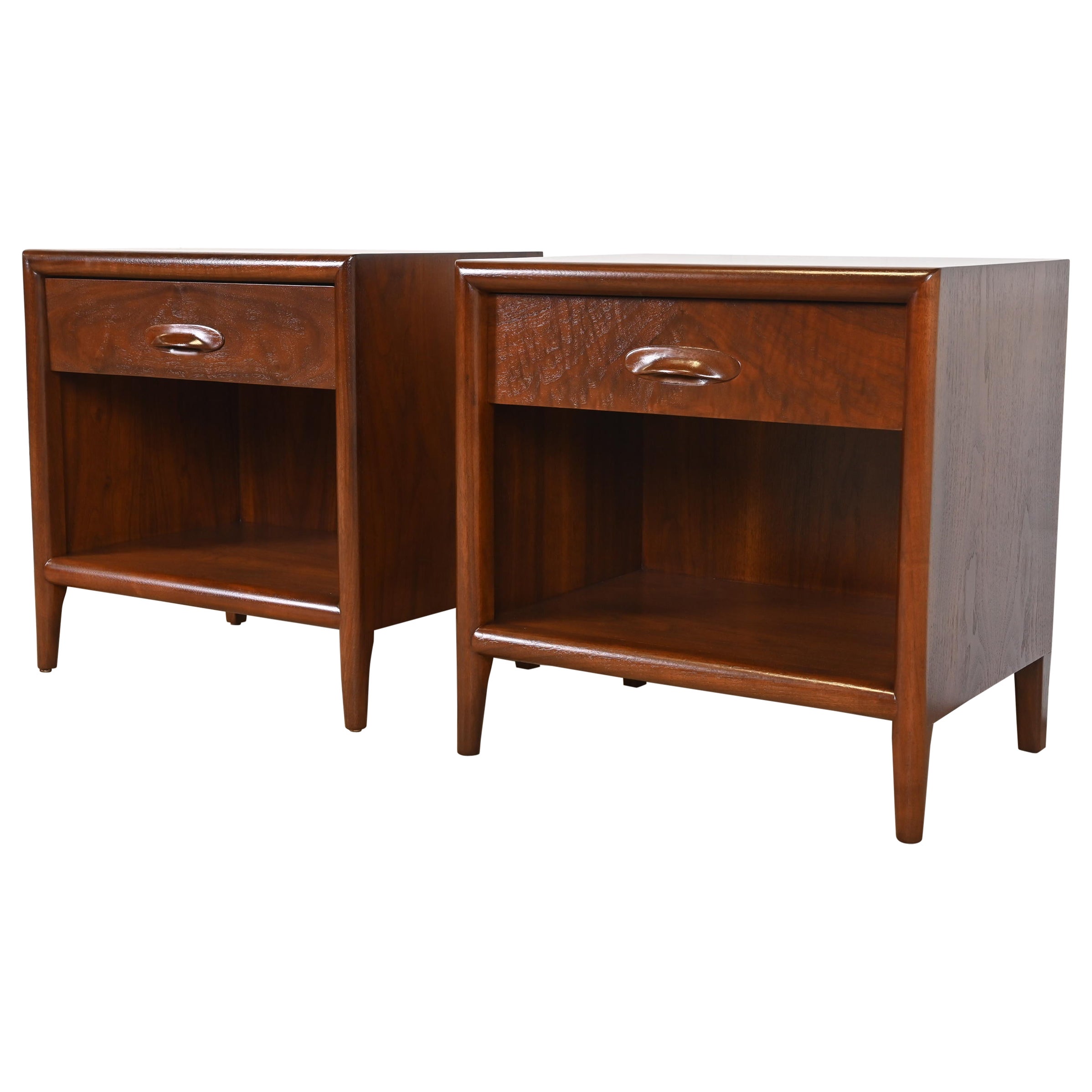 T.H. Robsjohn-Gibbings for Widdicomb Sculpted Walnut Nightstands, Refinished For Sale