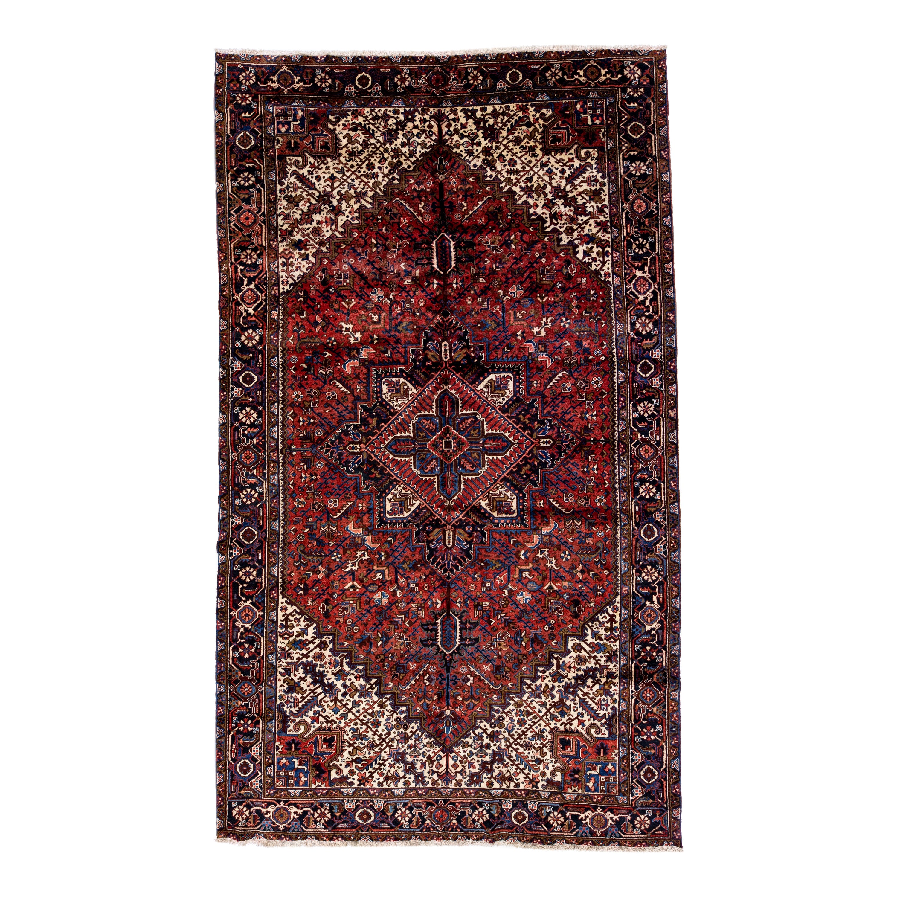 Red Antique Persian Heriz Handmade Gallery Wool Rug with Medallion Motif For Sale