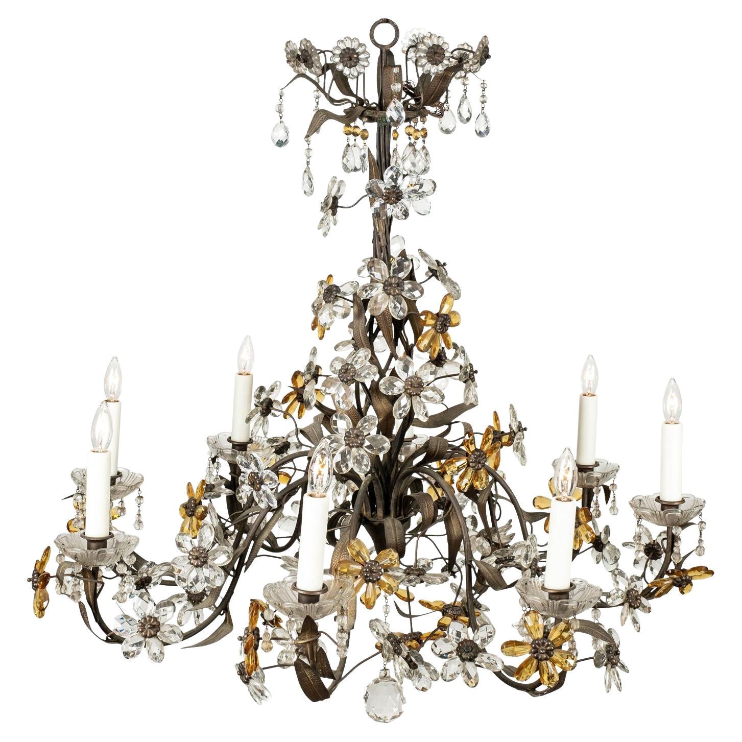 Gilt Tole Italian Chandelier Decorated in Clear and Amber Crystal Flowers For Sale