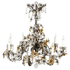 Gilt Tole Italian Chandelier Decorated in Clear and Amber Crystal Flowers