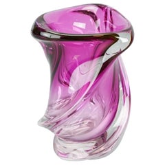 Wonderful Large Modern Val Saint Lambert Signed Ribbed Swirled Pink Crystal Vase