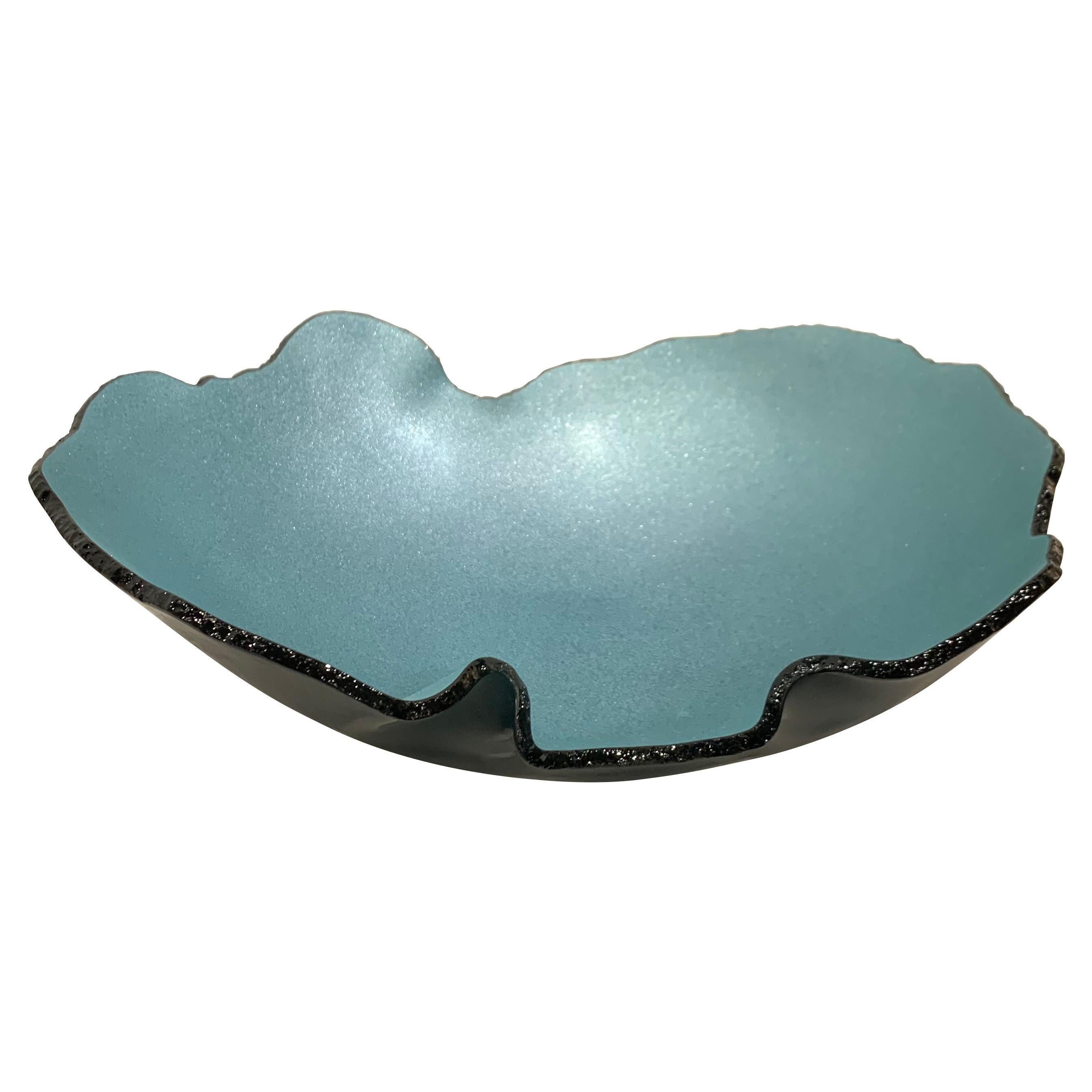 Turquoise and Charcoal Grey Free Form Glass Bowl, Brazil, Contemporary