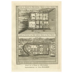 Antiker Druck des Palastes und der Gärten von Shah Shuja und eines Plans von Munger, Indien