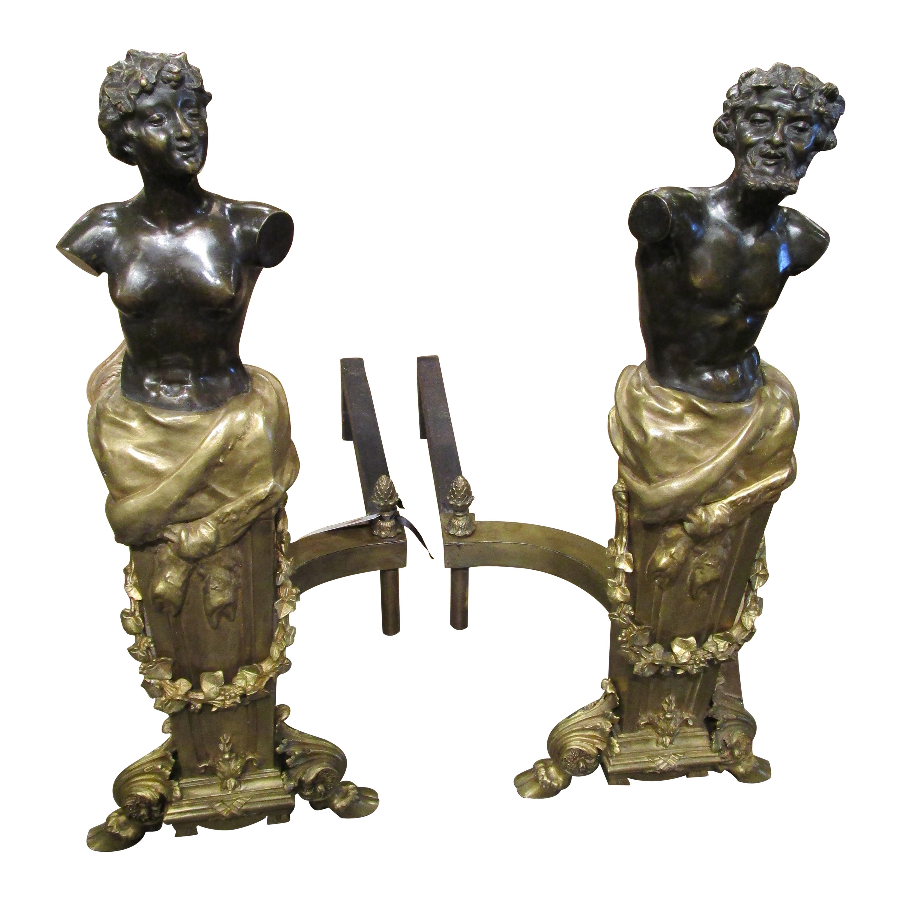 Fine Pair of Palatial Continental Patinated Bronze and Gilt Bronze Andirons For Sale
