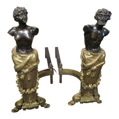 Fine Pair of Palatial Continental Patinated Bronze and Gilt Bronze Andirons