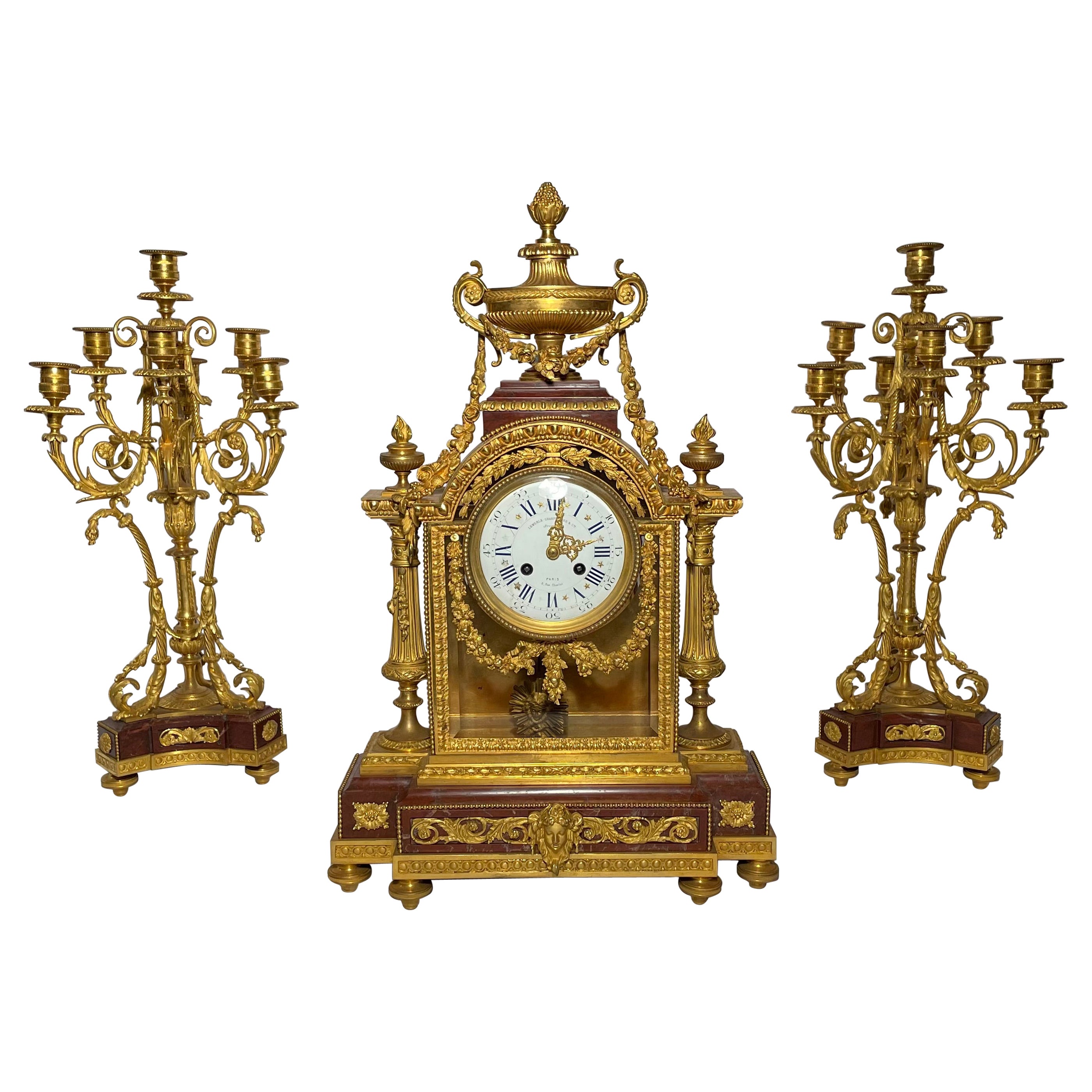 Antique French Bronze D'ore & Vatican Red Marble Clock Garniture Set, circa 1880