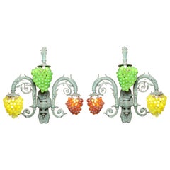 Pair Antique Red, Yellow & Green Venetian Glass Grape & Iron Sconces, circa 1900
