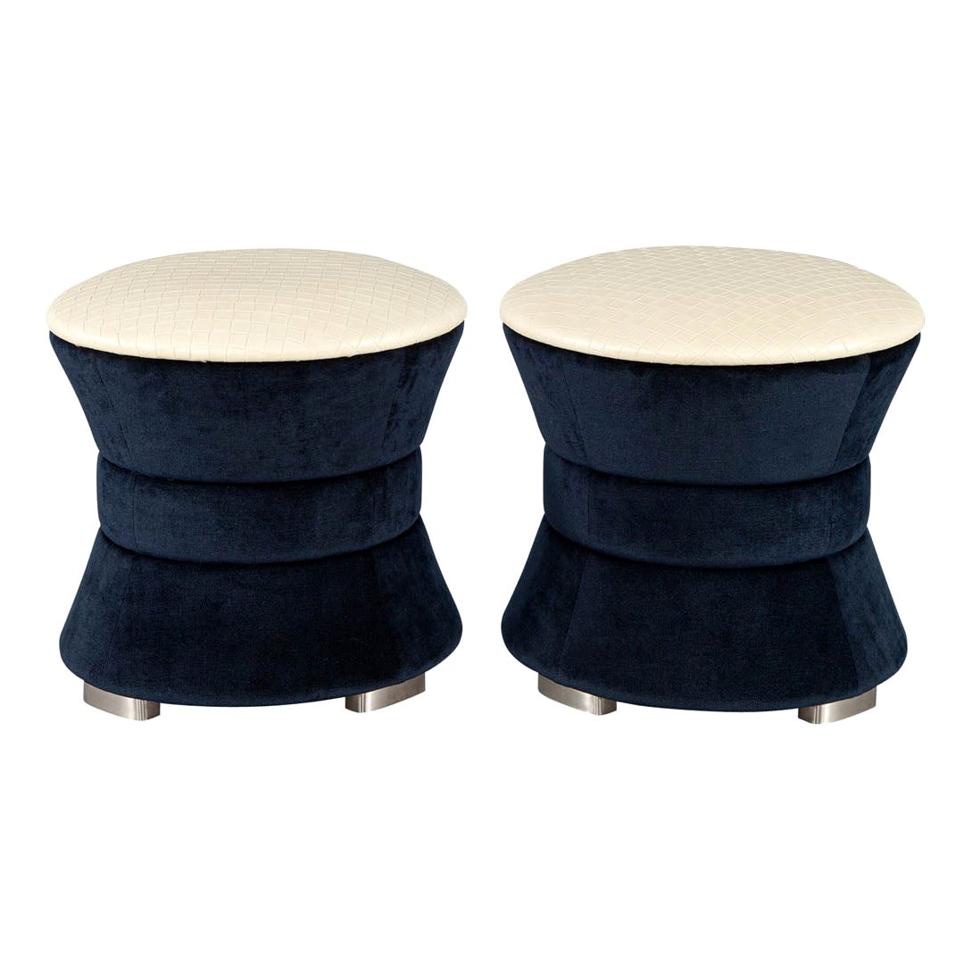 Pair of Modern Indigo Blue Upholstered Ottoman Stools