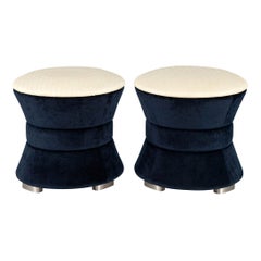 Pair of Modern Indigo Blue Upholstered Ottoman Stools