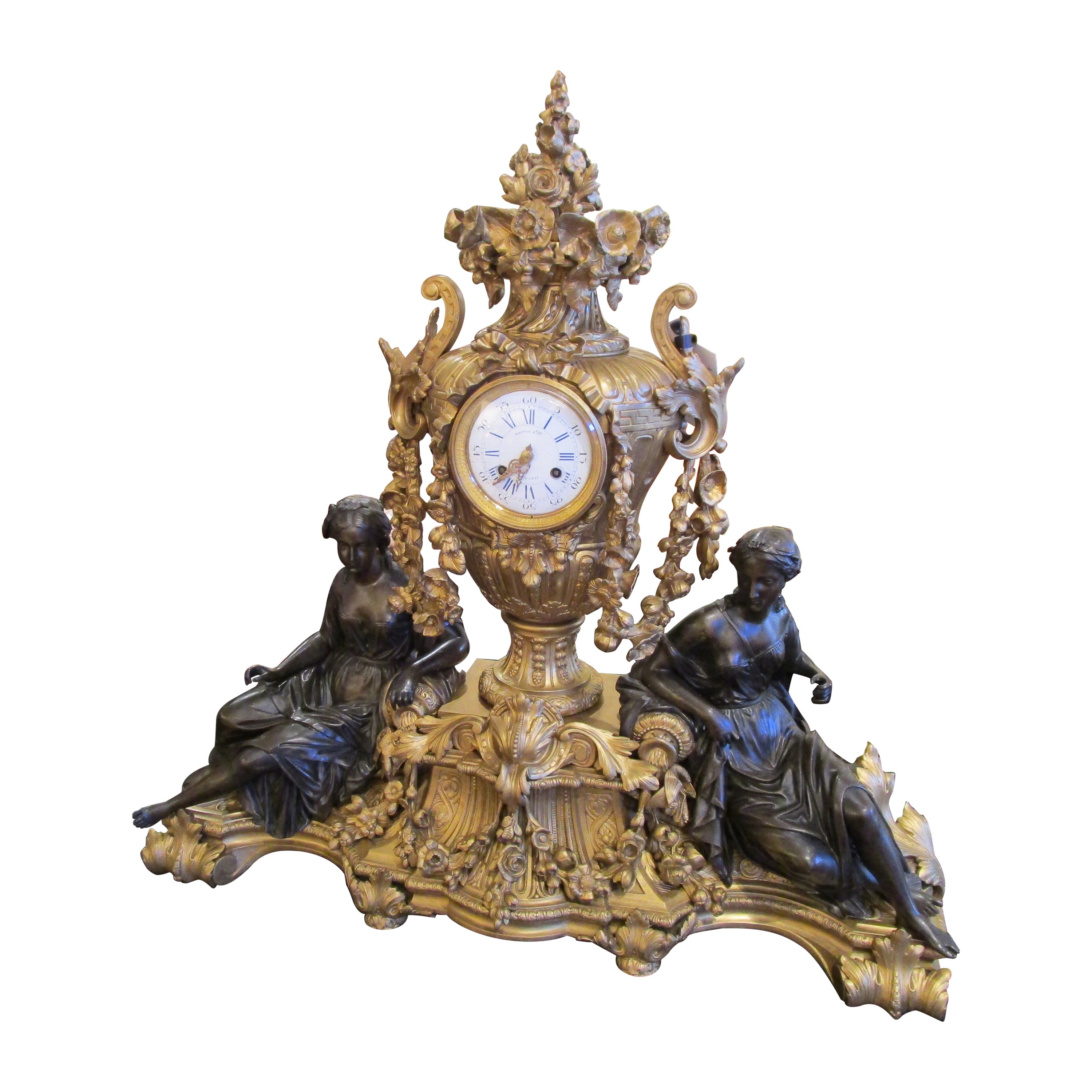 Fine and Large French 19th Century Mantle Clock Louis XV by Raingo Fres Paris For Sale