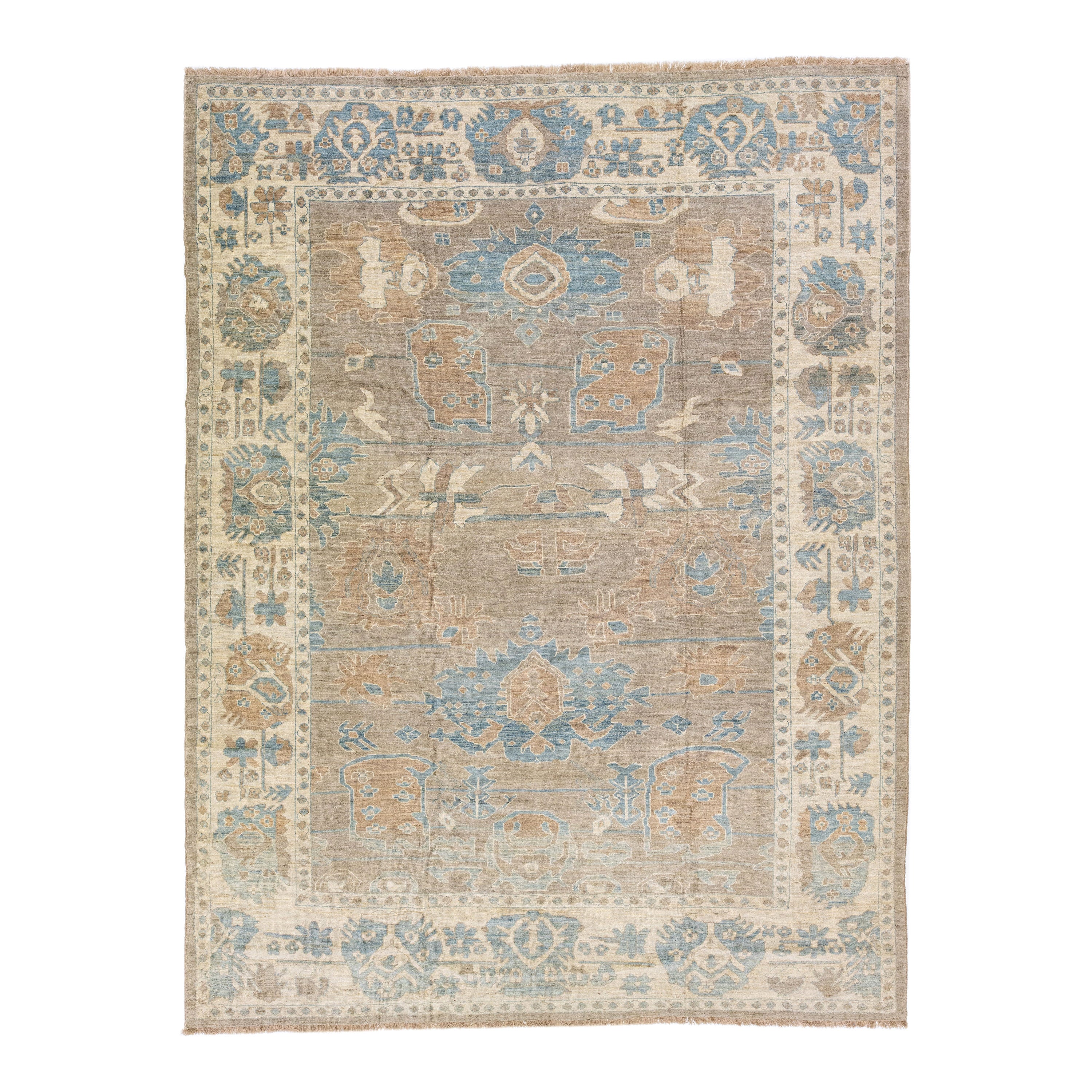 Modern Sultanabad Handmade Floral Wool Rug in Light Brown For Sale