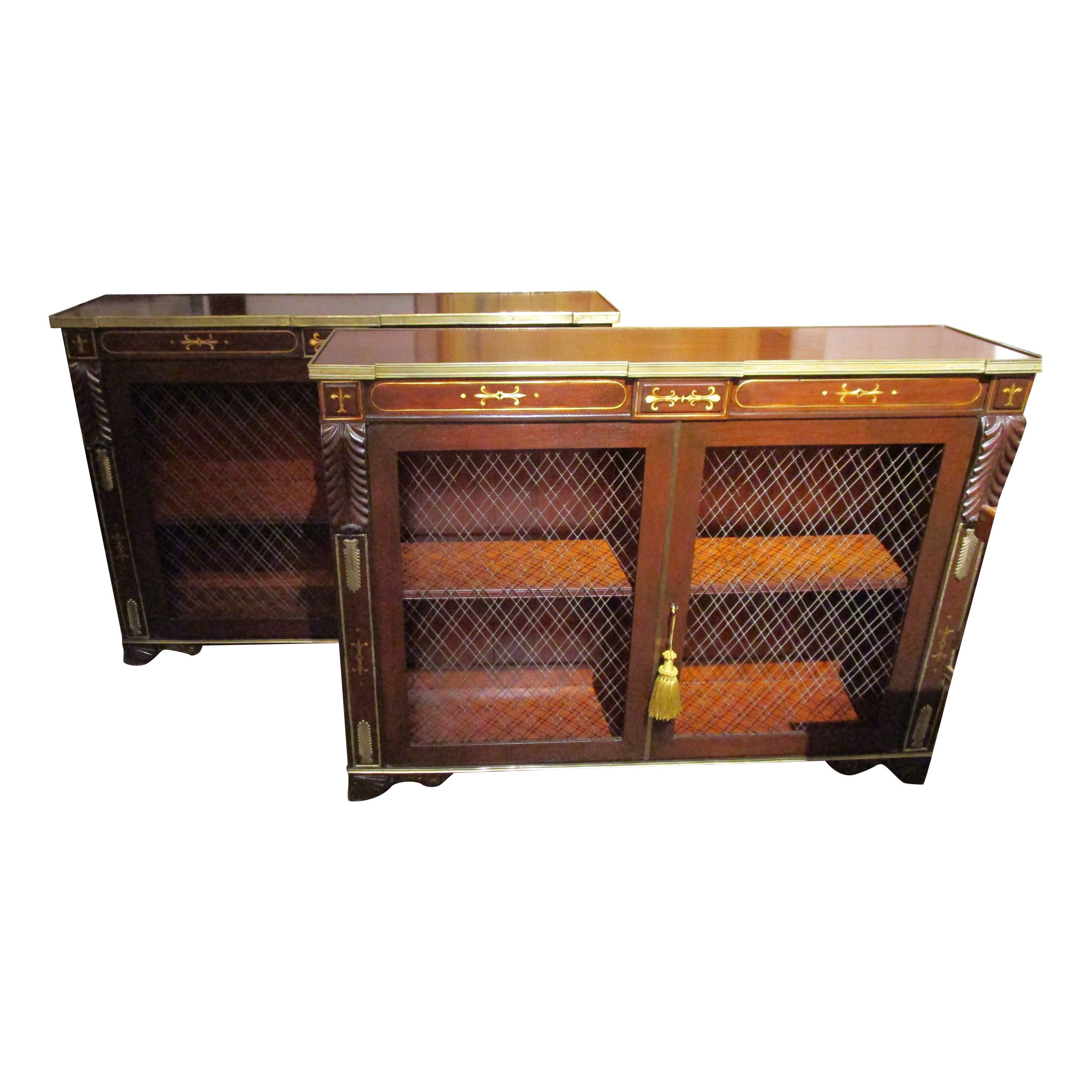 Fine Pair of Regency Period Mahogany and Gilt Brass Inlayed Bookcases