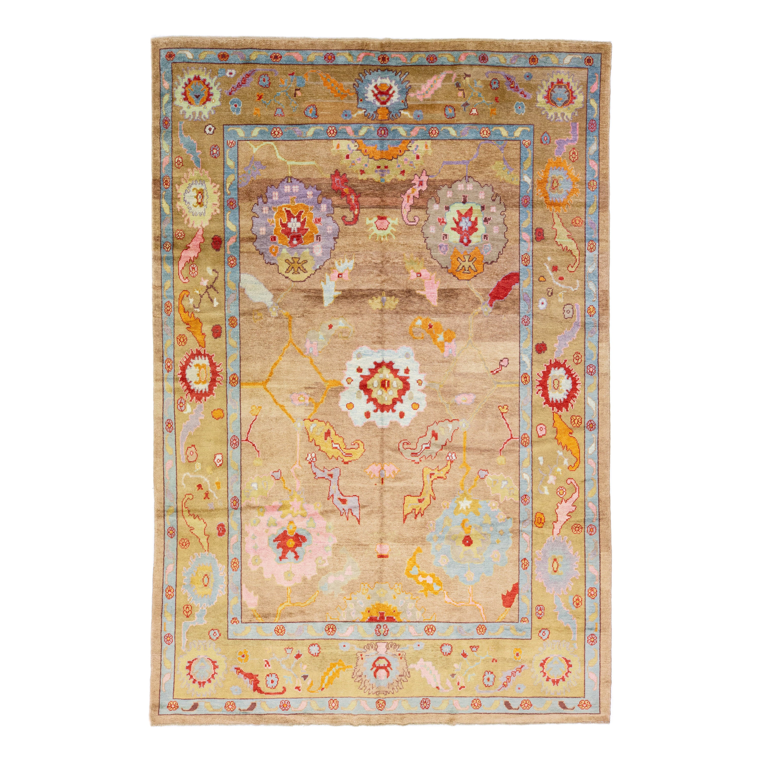 Modern Oversize Turkish Kars Handmade Tan Wool Rug With Floral Pattern