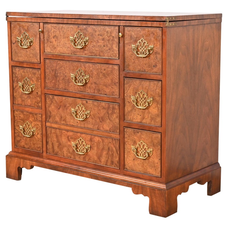 Baker Furniture Burled Walnut Flip Top Bachelor Chest at 1stDibs