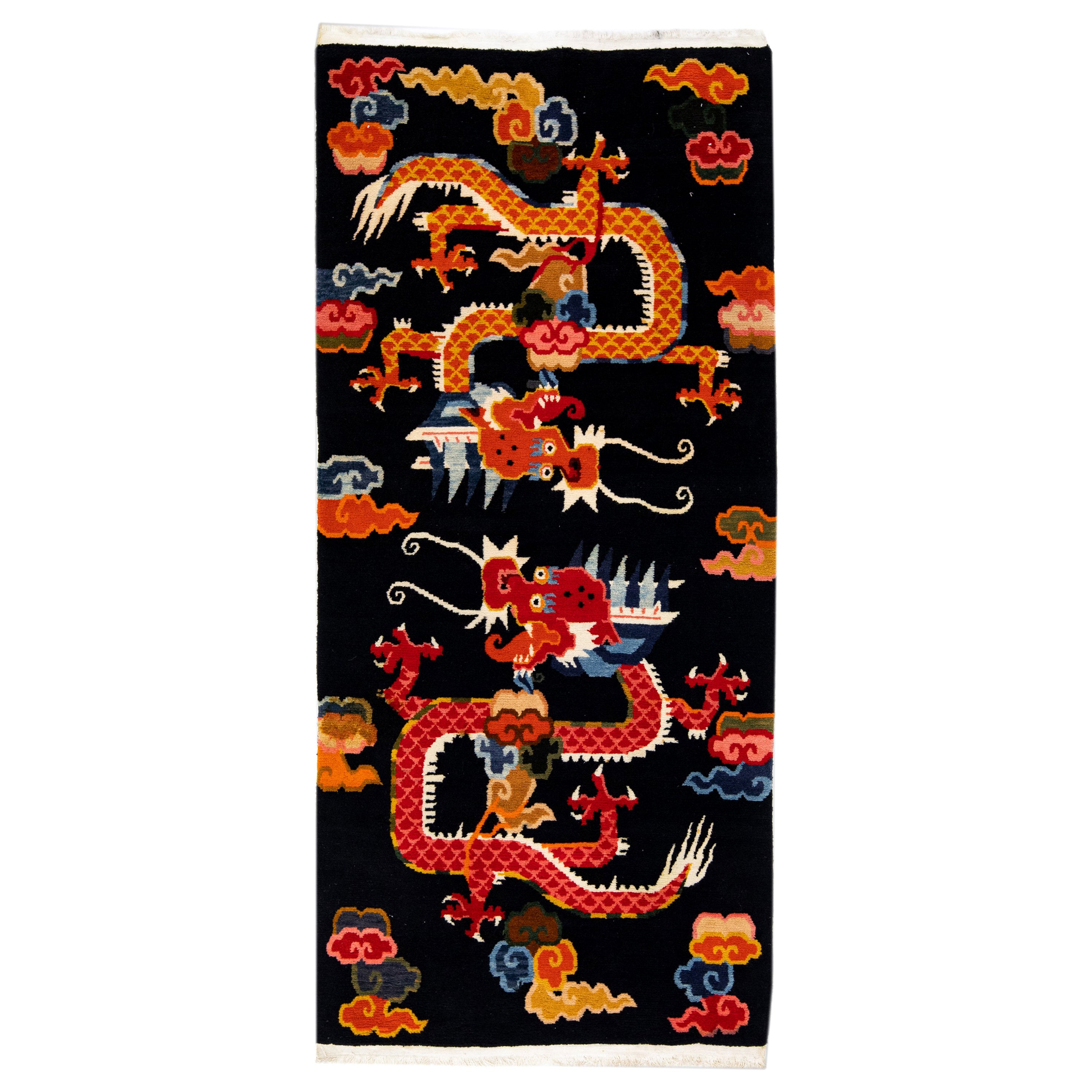 Black Handmade Vintage Chinese Peking Scatter Wool Rug with Traditional Motif