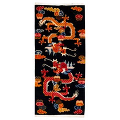 Tappeto nero fatto a mano in lana vintage cinese Peking Scatter con motivo tradizionale