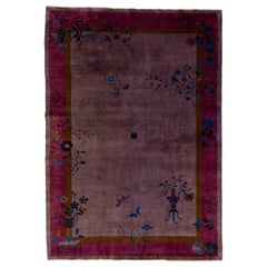Floral Antique Chinese Art Deco Handmade Wool Rug with Burgundy Color Field