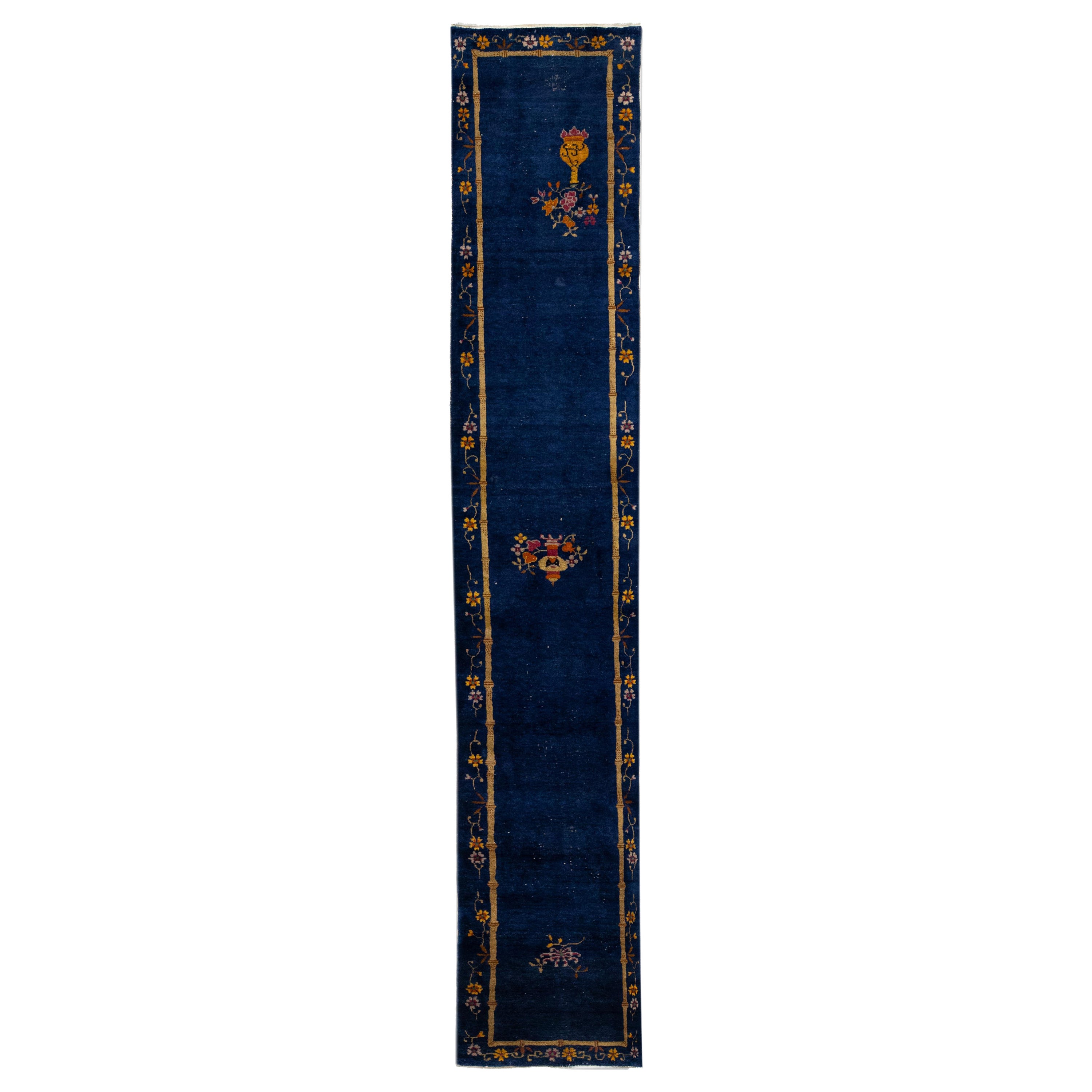 Antique Chinese Peking Handmade Floral Wool Runner in Navy Blue