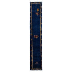 Antique Chinese Peking Handmade Floral Wool Runner in Navy Blue