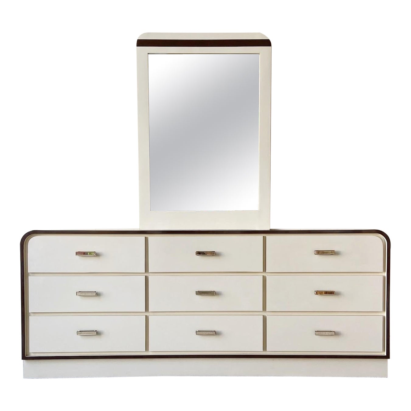 Postmodern Cream and Brown Lacquer Laminate Waterfall Dresser