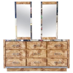 Mid-Century Modern Burl Wood Laminate and Chrome Dresser with Mirrors, 3 Pieces
