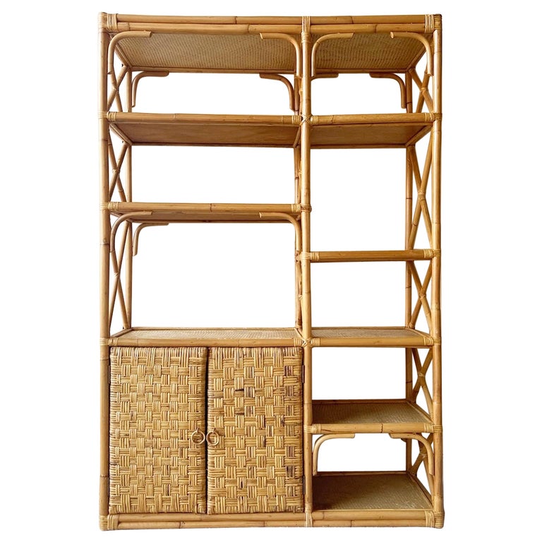 Boho Chic Bamboo Rattan and Wicker Etagere / Bookcase For Sale at 1stDibs