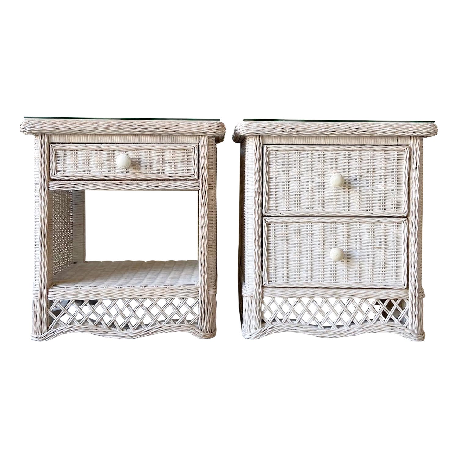 Boho Chic White Wicker Glass Top Nightstands, a Pair