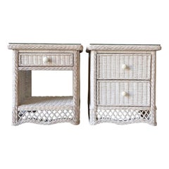 Vintage Boho Chic White Wicker Glass Top Nightstands, a Pair