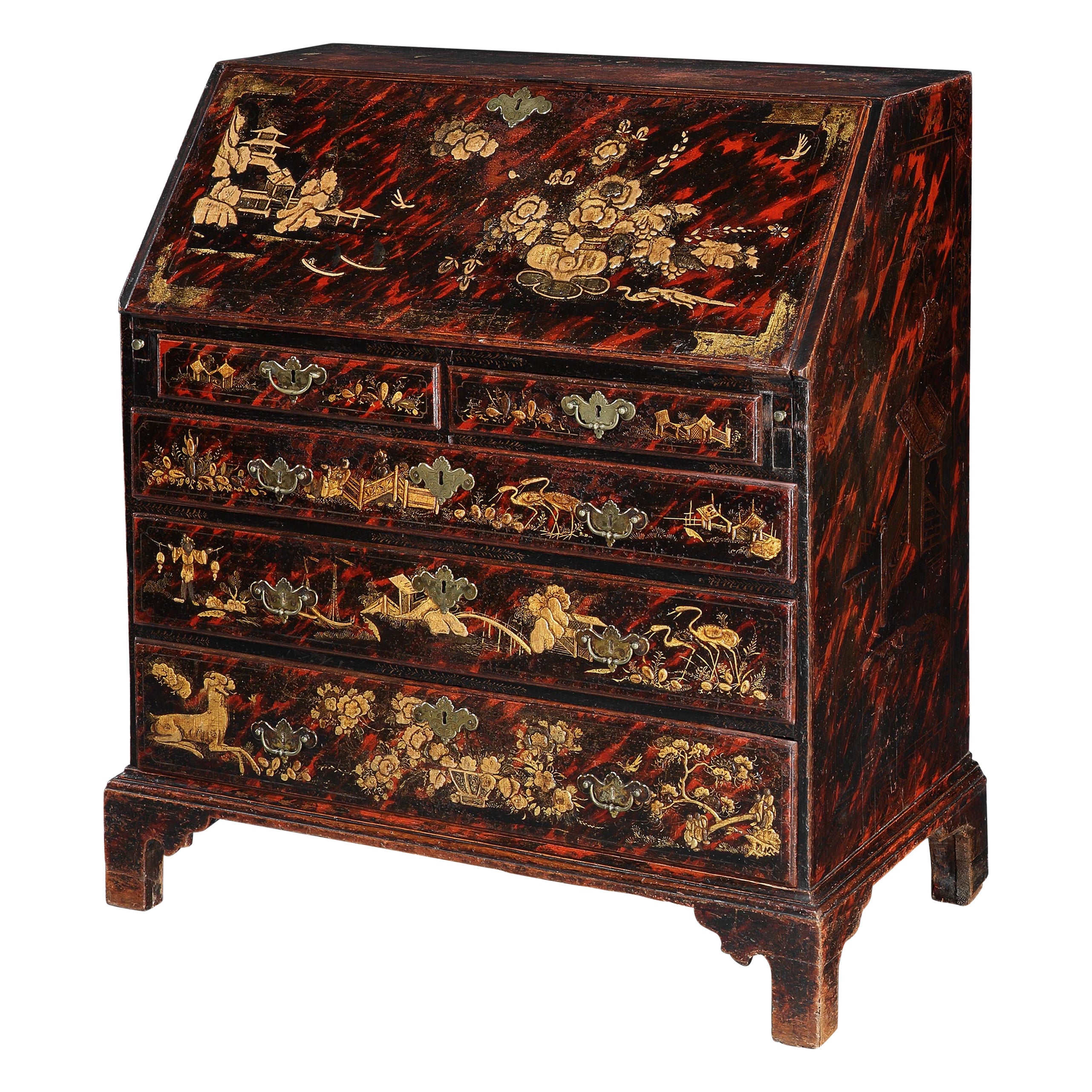 Bureau Escritorio Frente Caída Japonizado Tortoishell Dorado Chinoiserie en venta