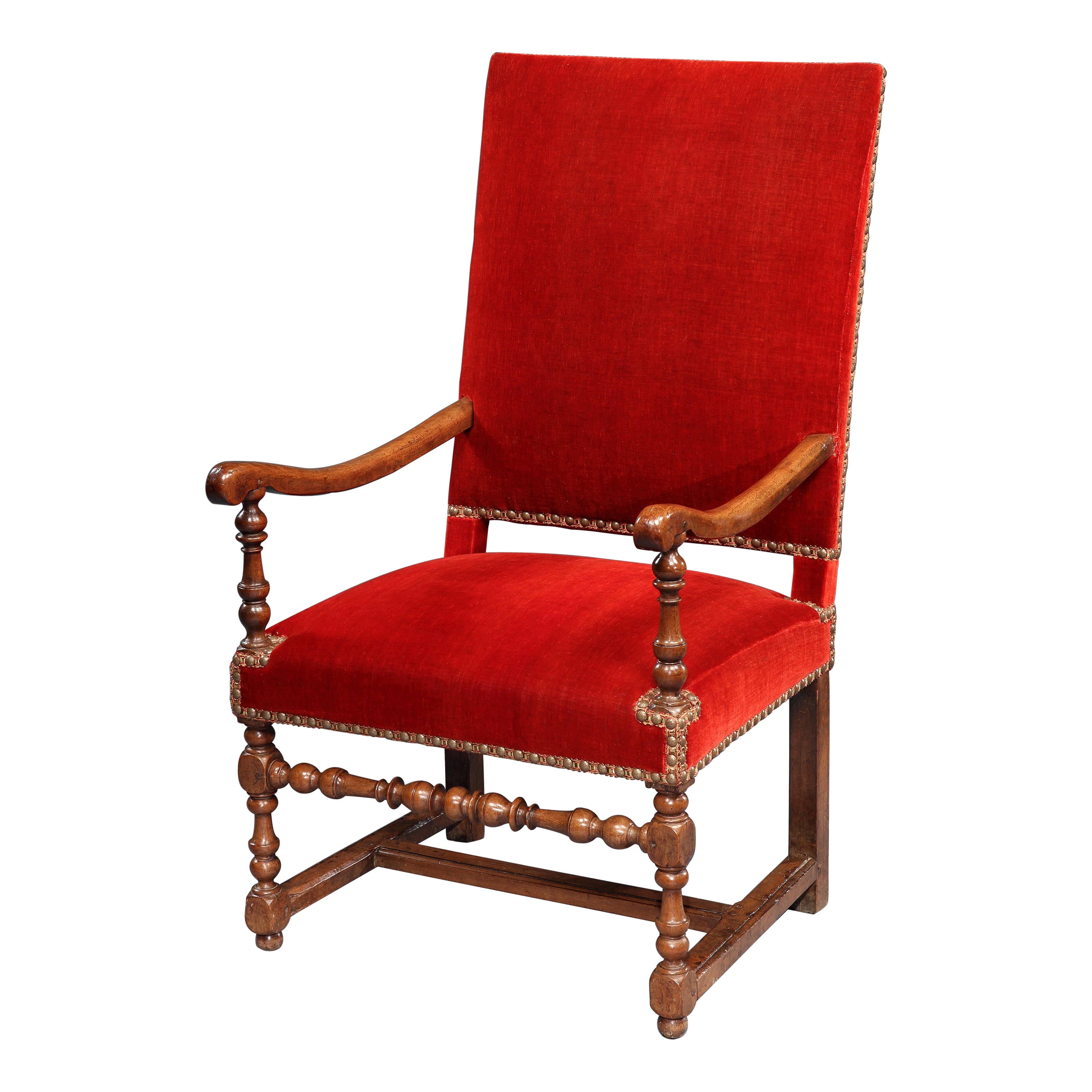 Armchair Open Upholstered Rust Mohair Velvet French Stretcher For Sale