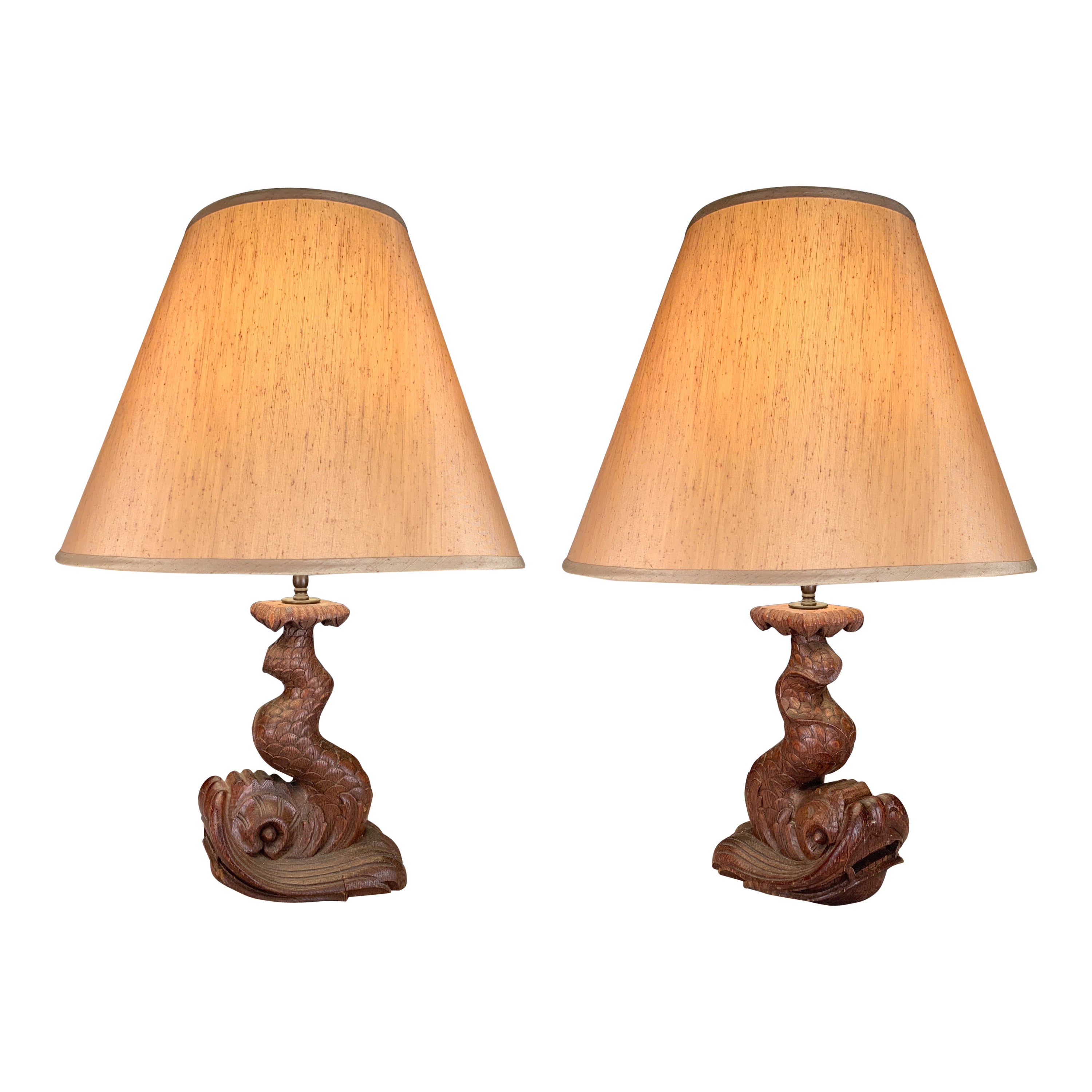 Pair of 1940's Carved Wood Koi Fish Table Lamps For Sale