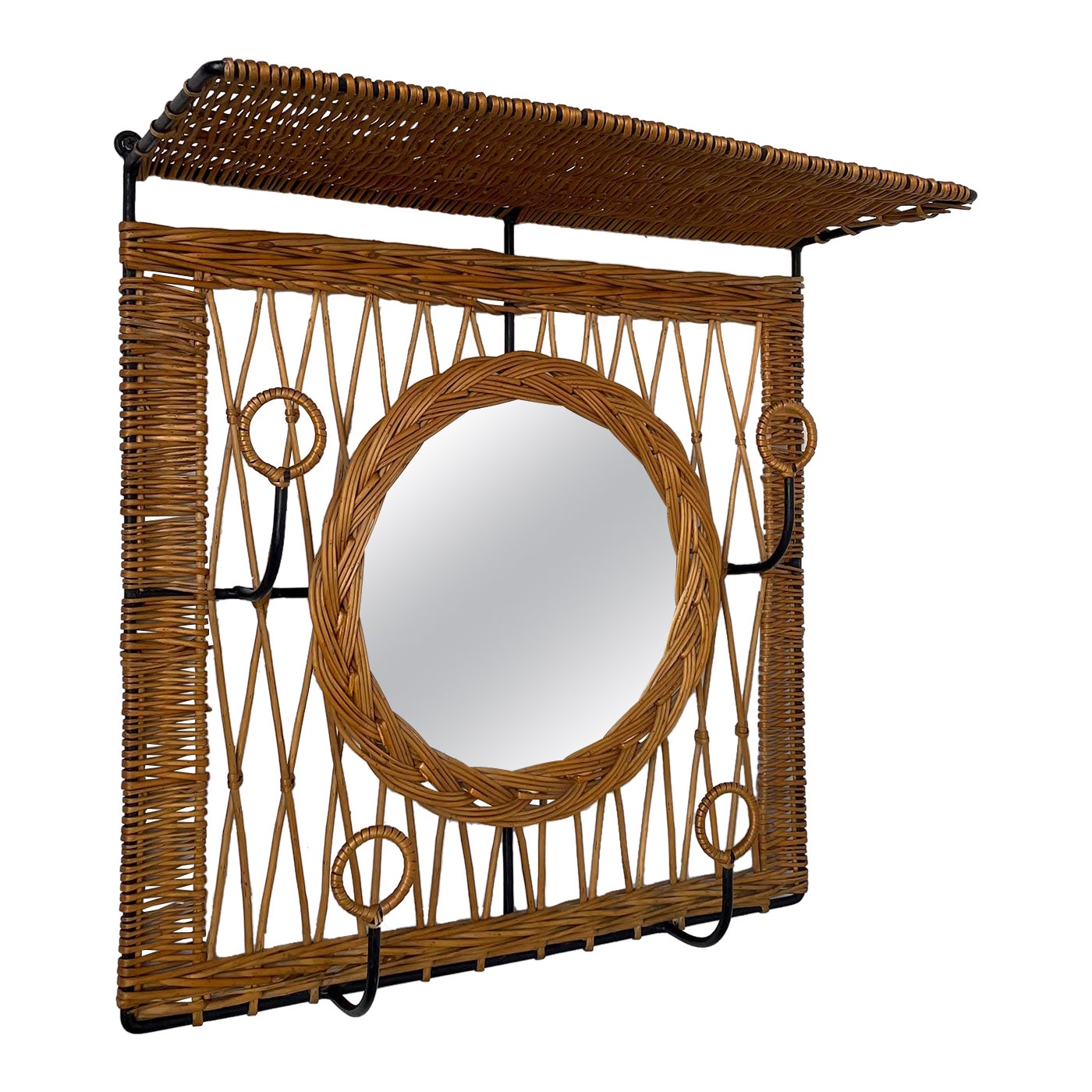 Jacques Adnet Style Wicker and Iron Mirrored Coat Rack