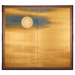 Antique Japanese Two-Panel Screen: Moonlit Ocean Landscape