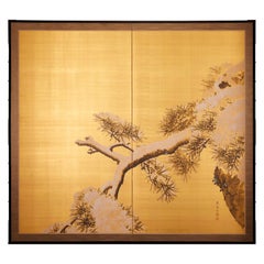 Antique Japanese Two-Panel Screen, Maruyama Oyo’s Pine in Snow