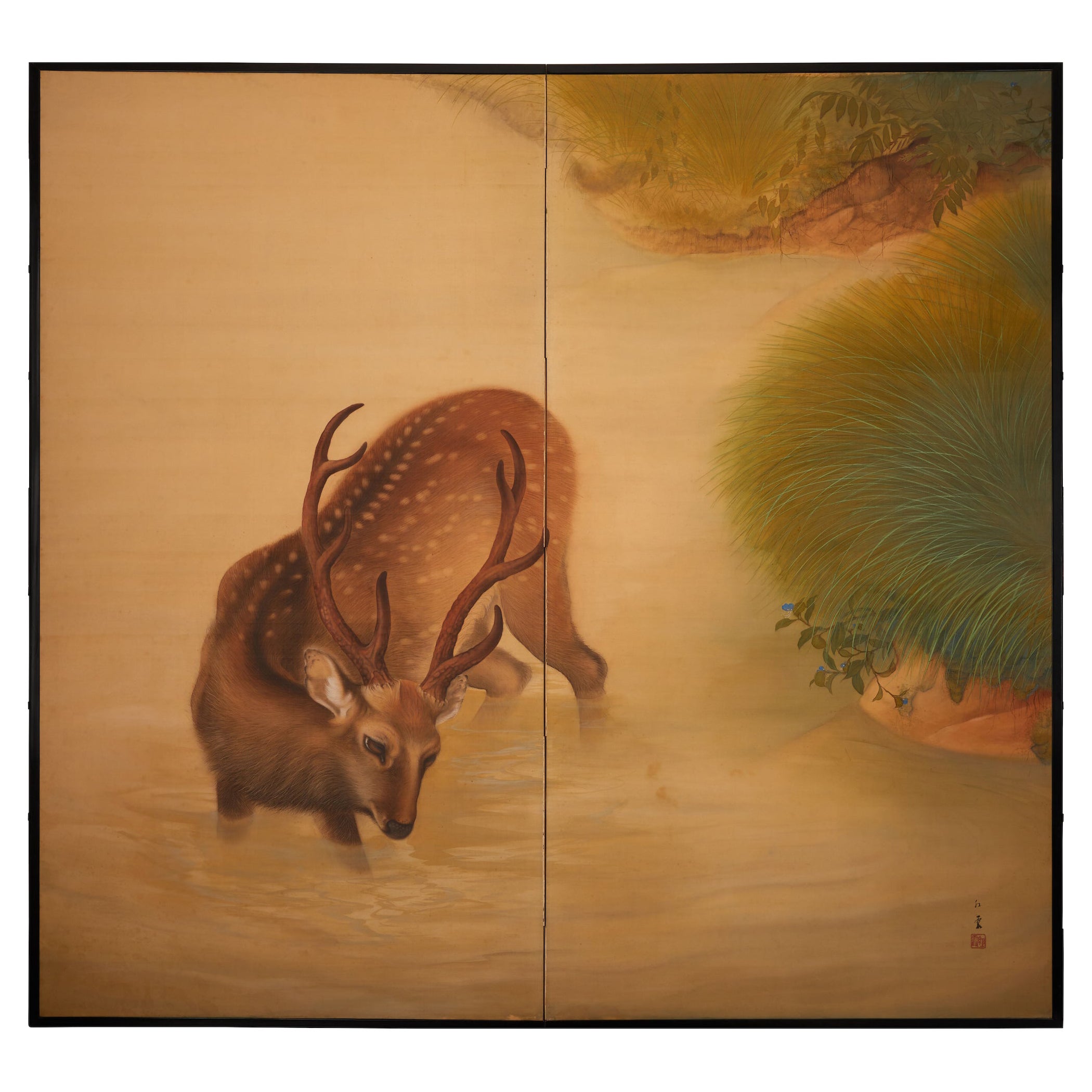 Japanese Two-Panel Screen, Wading Deer For Sale