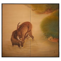 Antique Japanese Two-Panel Screen, Wading Deer