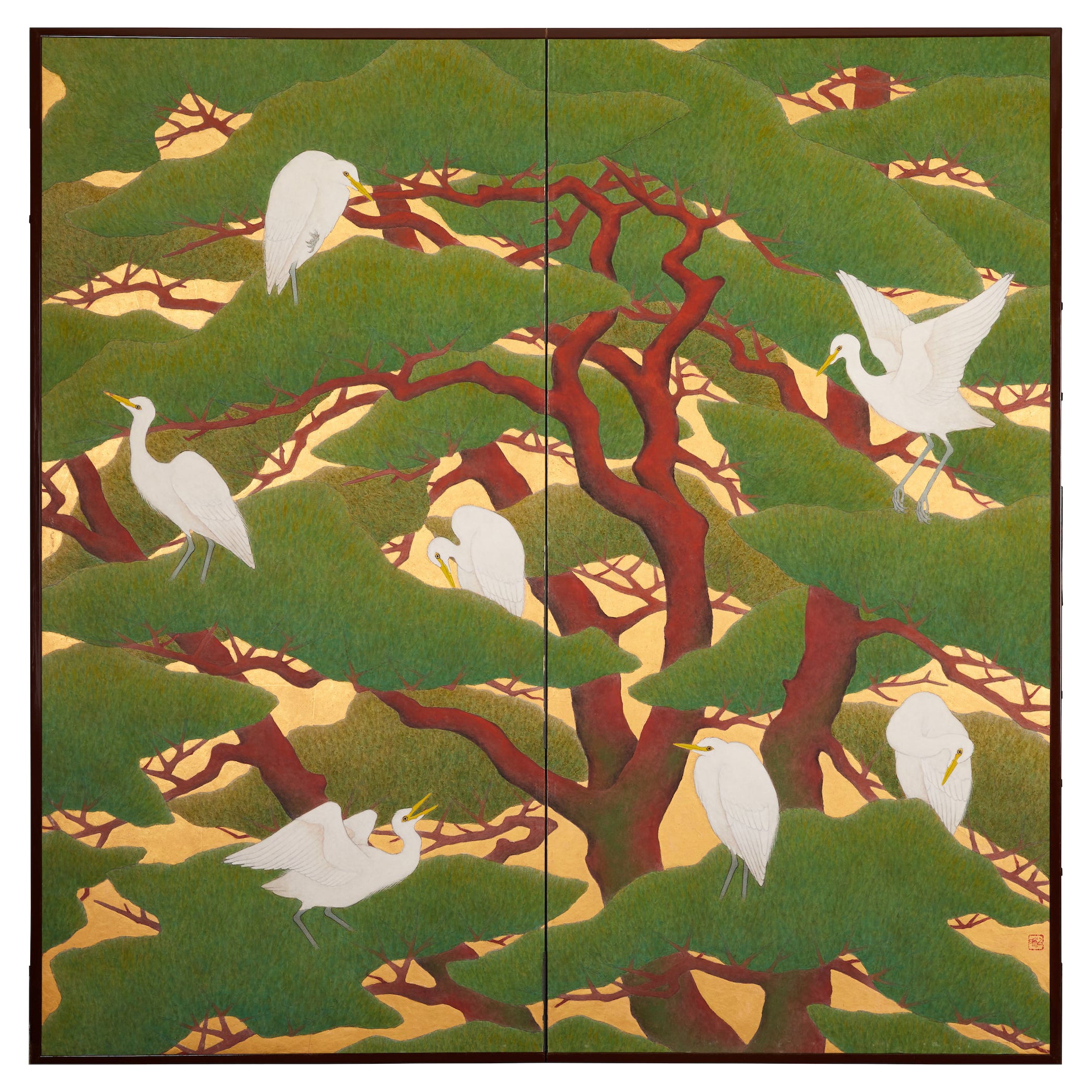 Japanese Two-Panel Screen: Egrets in Japanese Red Pine with Gold Ground